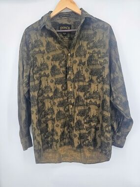 Vintage Policy Korea Abstract Cathedral Print Rayon Button Up Blouse Womens S
